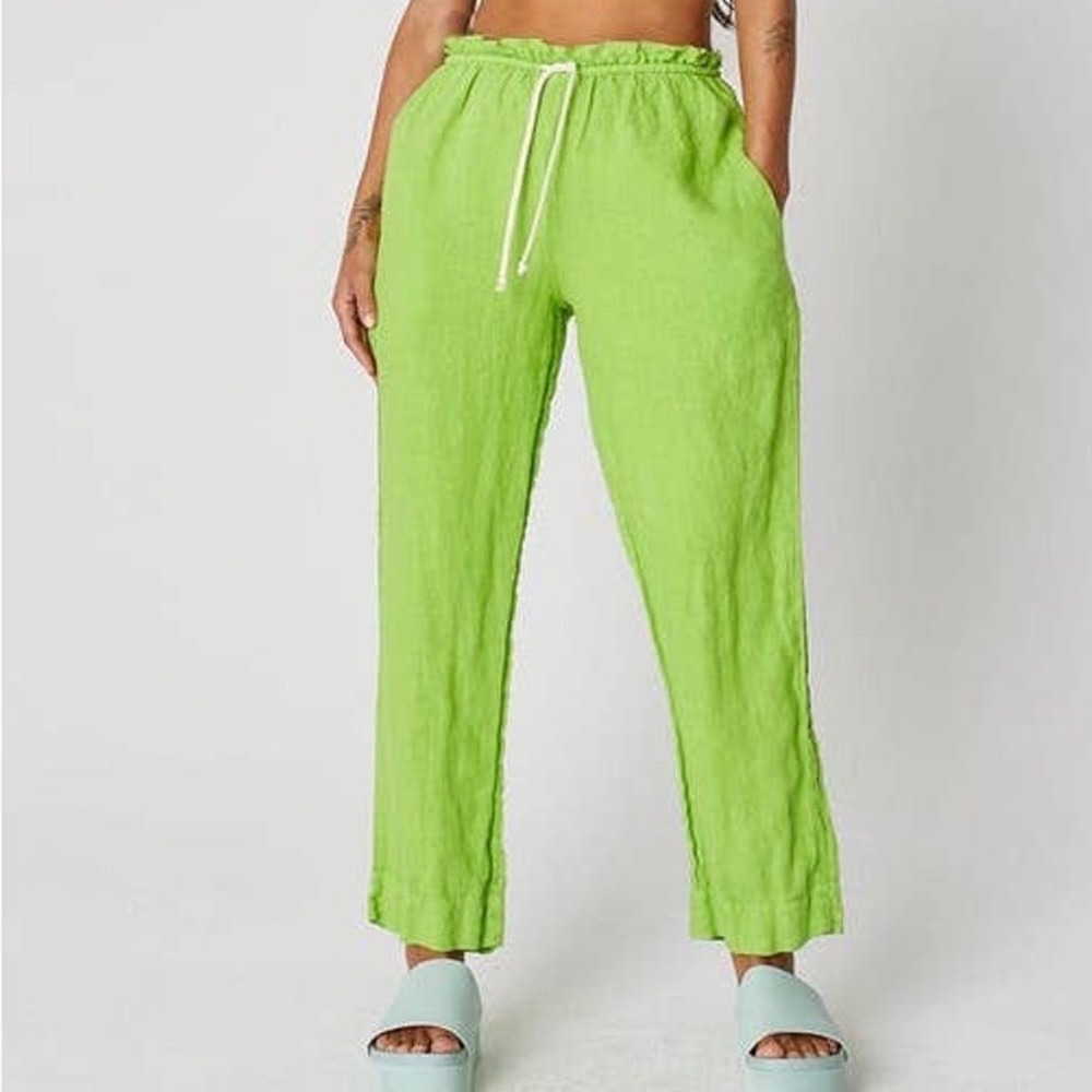 Back Beat Co Linen Pants Lime Neon Green Paperbag Waist Drawstring -‎ Small